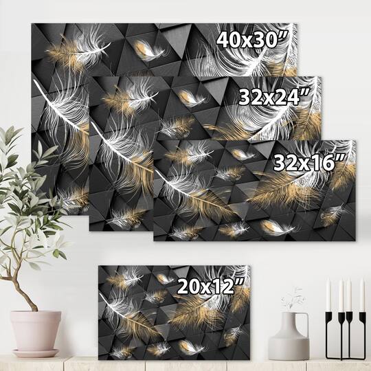Designart - White and Gold Feathers On Triangular